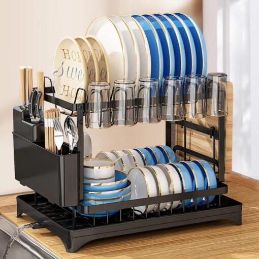 2-Tier Over Sink Multifunctional Kitchen Dish Rack with Drainboard